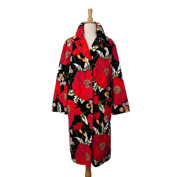 Vintage 80s Vossen Modell Novelty Red Poppy Terry Towel Housedress Coat Robe - Picture 2 of 9